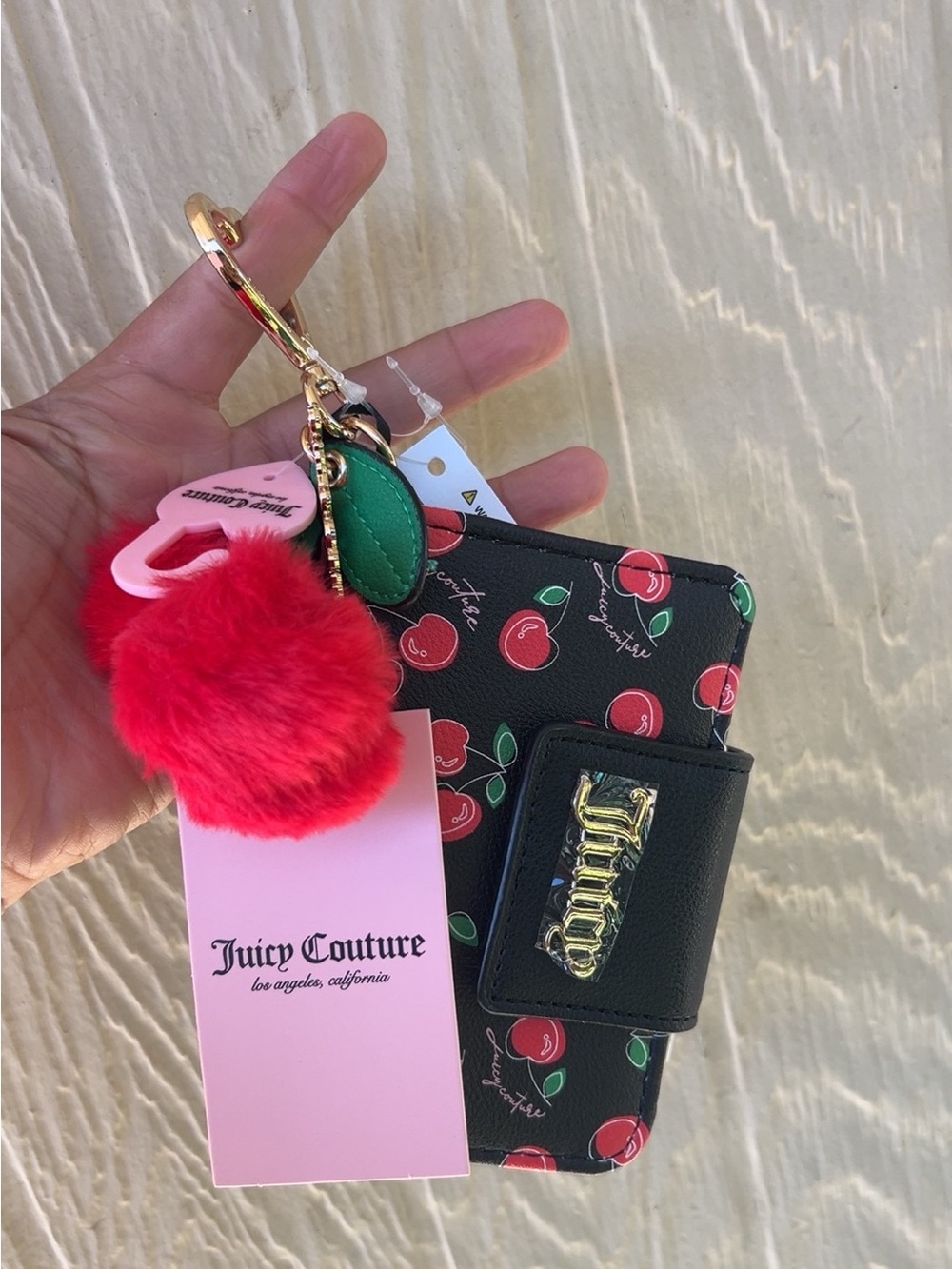 Juicy Couture Black Cherry Print Card Holder with Red Pom Pom